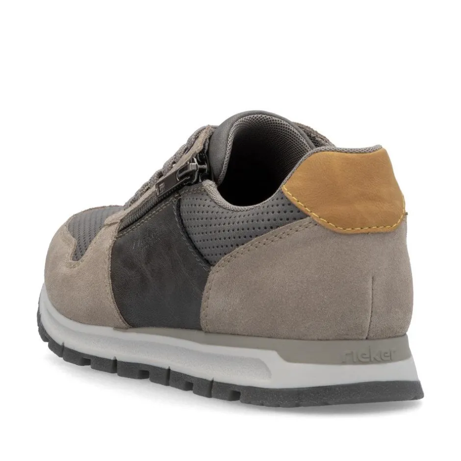 Rieker Men Laced Trainer Side Zip - Grey Combi Leather