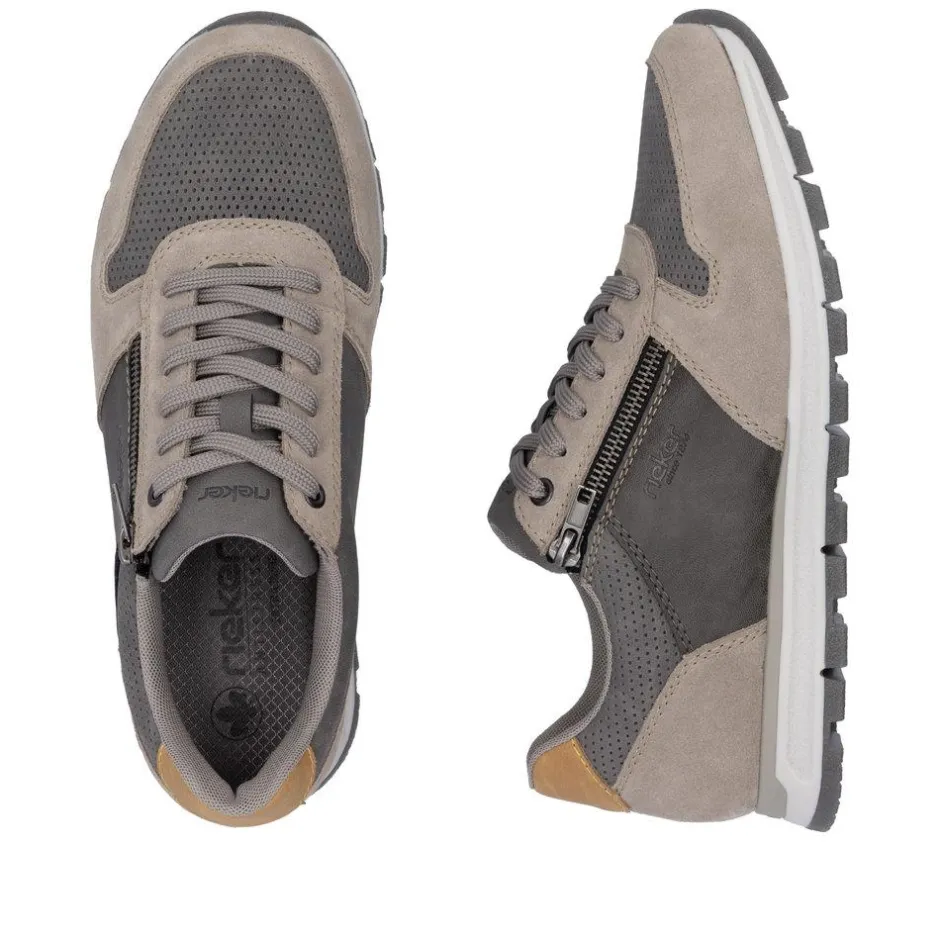 Rieker Men Laced Trainer Side Zip - Grey Combi Leather
