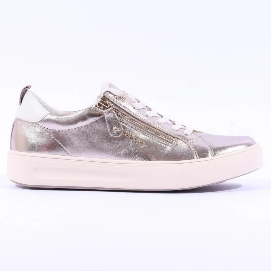 Women Tamaris Laced Trainer With Side Zip - Light Gold Leather