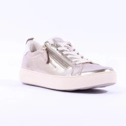 Women Tamaris Laced Trainer With Side Zip - Light Gold Leather