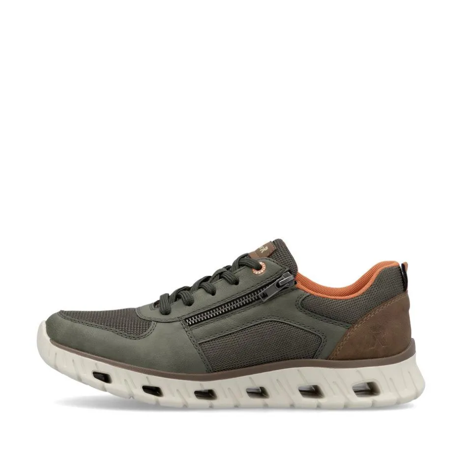 Rieker Men Laced Trainer With Side Zip - Olive Leather