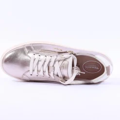 Women Tamaris Laced Trainer With Side Zip - Light Gold Leather