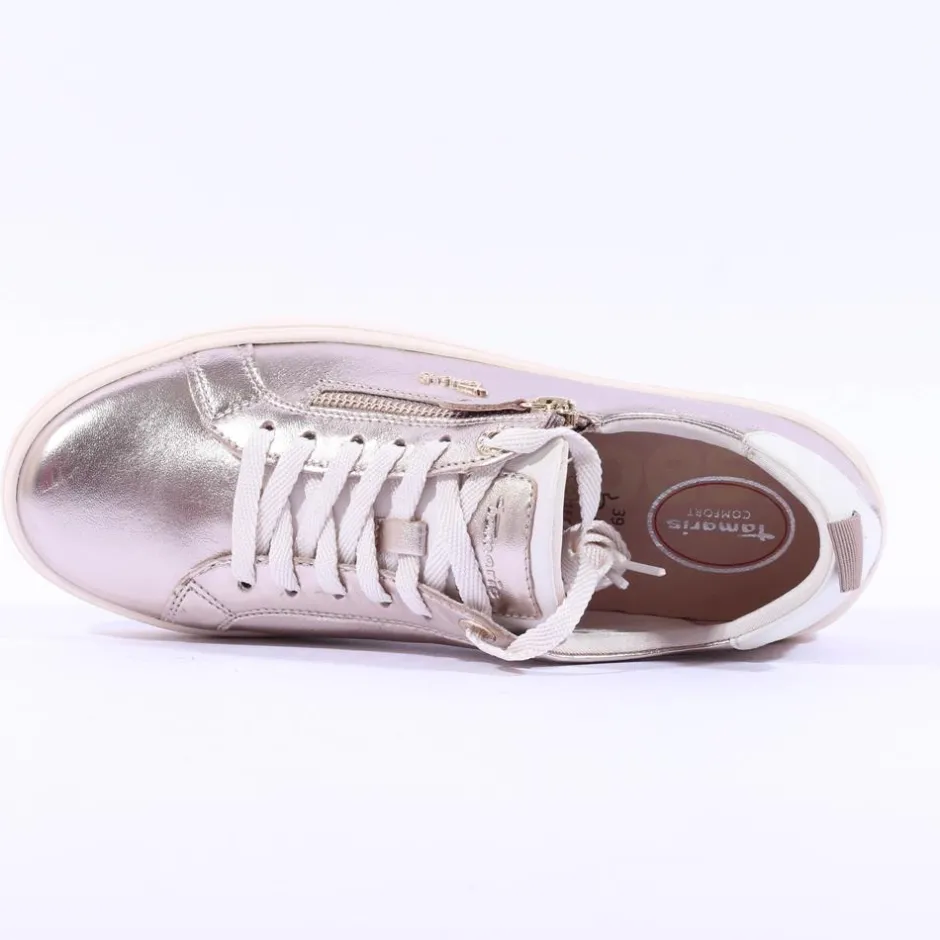 Women Tamaris Laced Trainer With Side Zip - Light Gold Leather