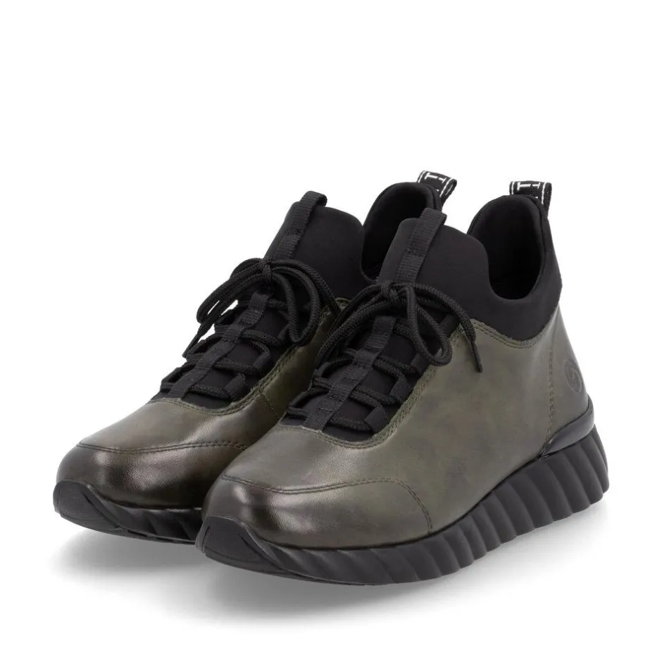 Women Remonte Laced Trainer With Side Zip - Green Leather