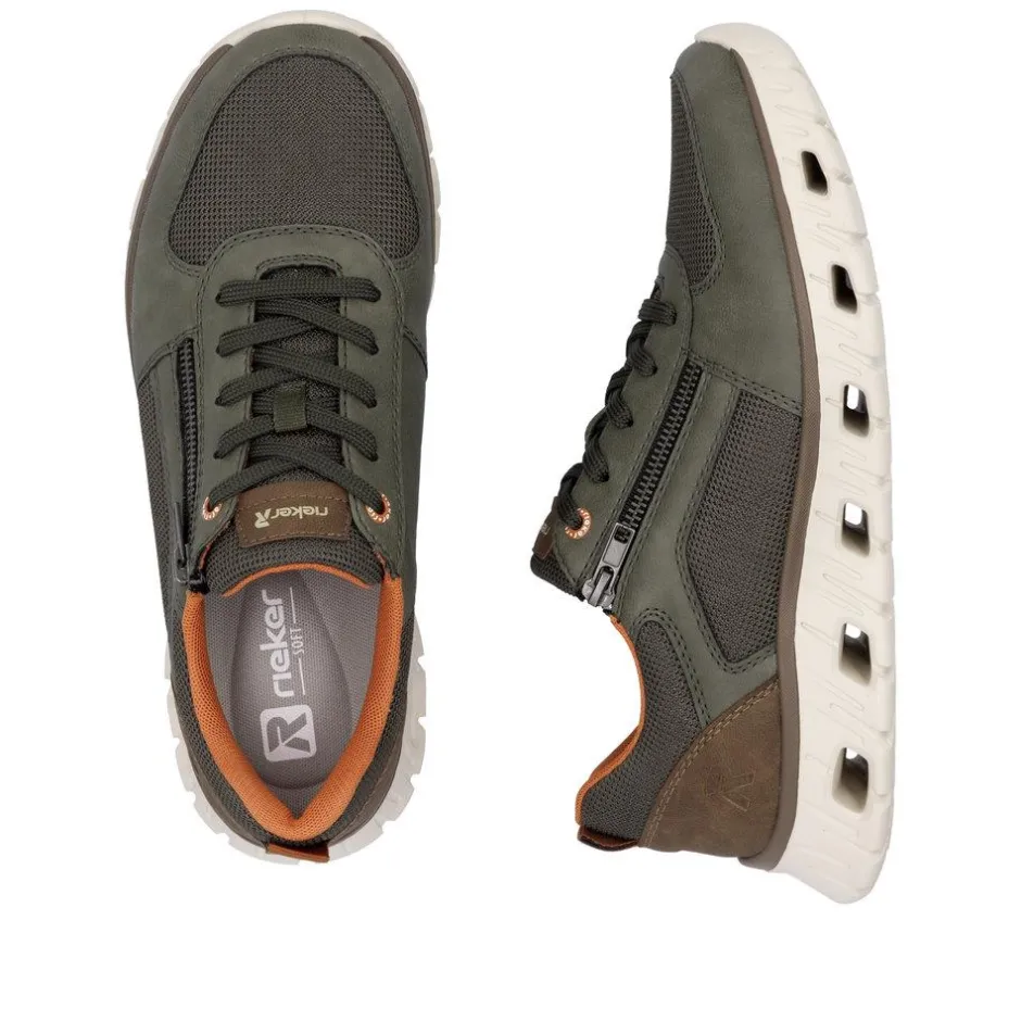 Rieker Men Laced Trainer With Side Zip - Olive Leather