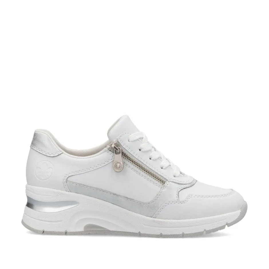 Women Rieker Laced Wedge Trainer With Side Zip - White Silver Leather