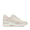 Women Rieker Laced Wedge Trainer With Side Zip - Cream Gold Leather