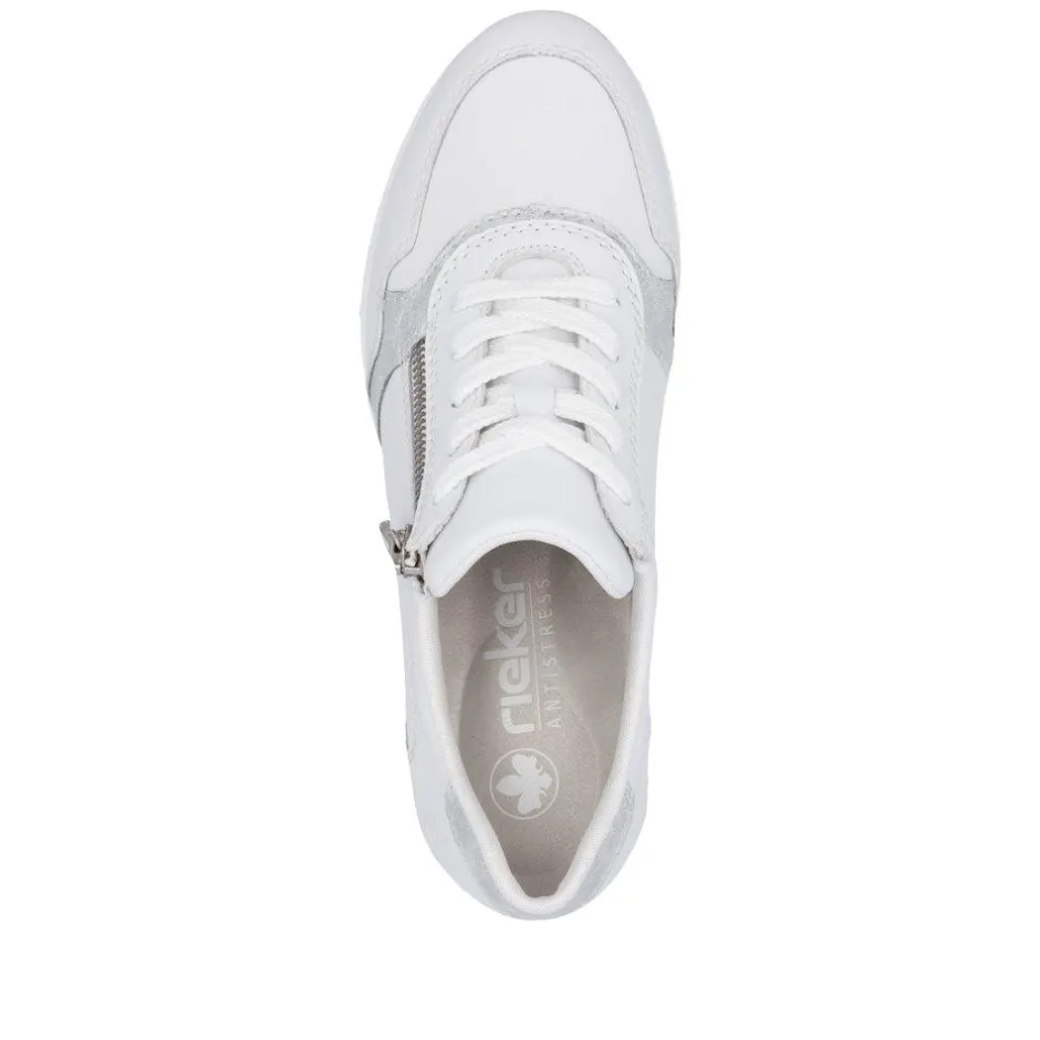 Women Rieker Laced Wedge Trainer With Side Zip - White Silver Leather