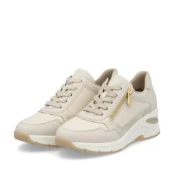Women Rieker Laced Wedge Trainer With Side Zip - Cream Gold Leather