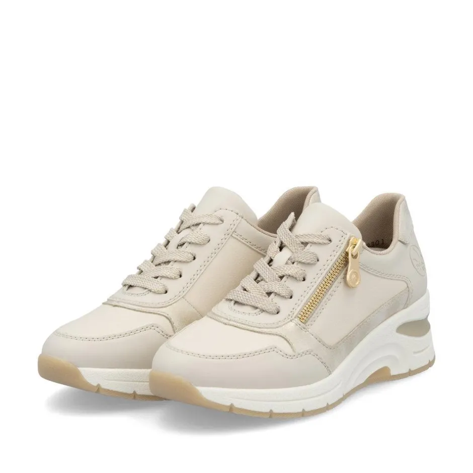 Women Rieker Laced Wedge Trainer With Side Zip - Cream Gold Leather