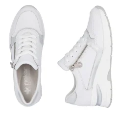 Women Rieker Laced Wedge Trainer With Side Zip - White Silver Leather