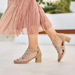 Women Rieker Lattice Cut Block Heel Sandal - Beige Sparkle