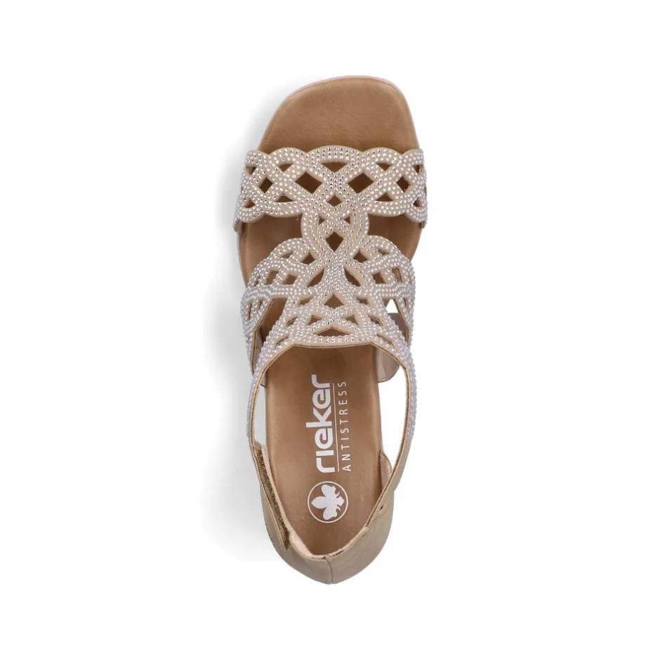 Women Rieker Lattice Cut Block Heel Sandal - Beige Sparkle