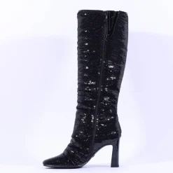 Women Tamaris Lausana Folded High Heel Boot - Black Sparkle