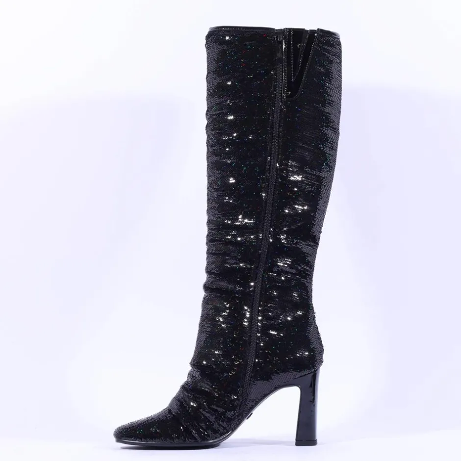 Women Tamaris Lausana Folded High Heel Boot - Black Sparkle