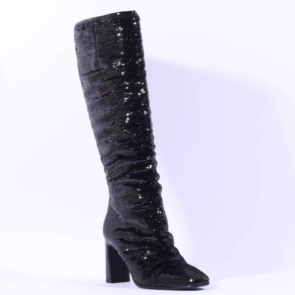 Women Tamaris Lausana Folded High Heel Boot - Black Sparkle