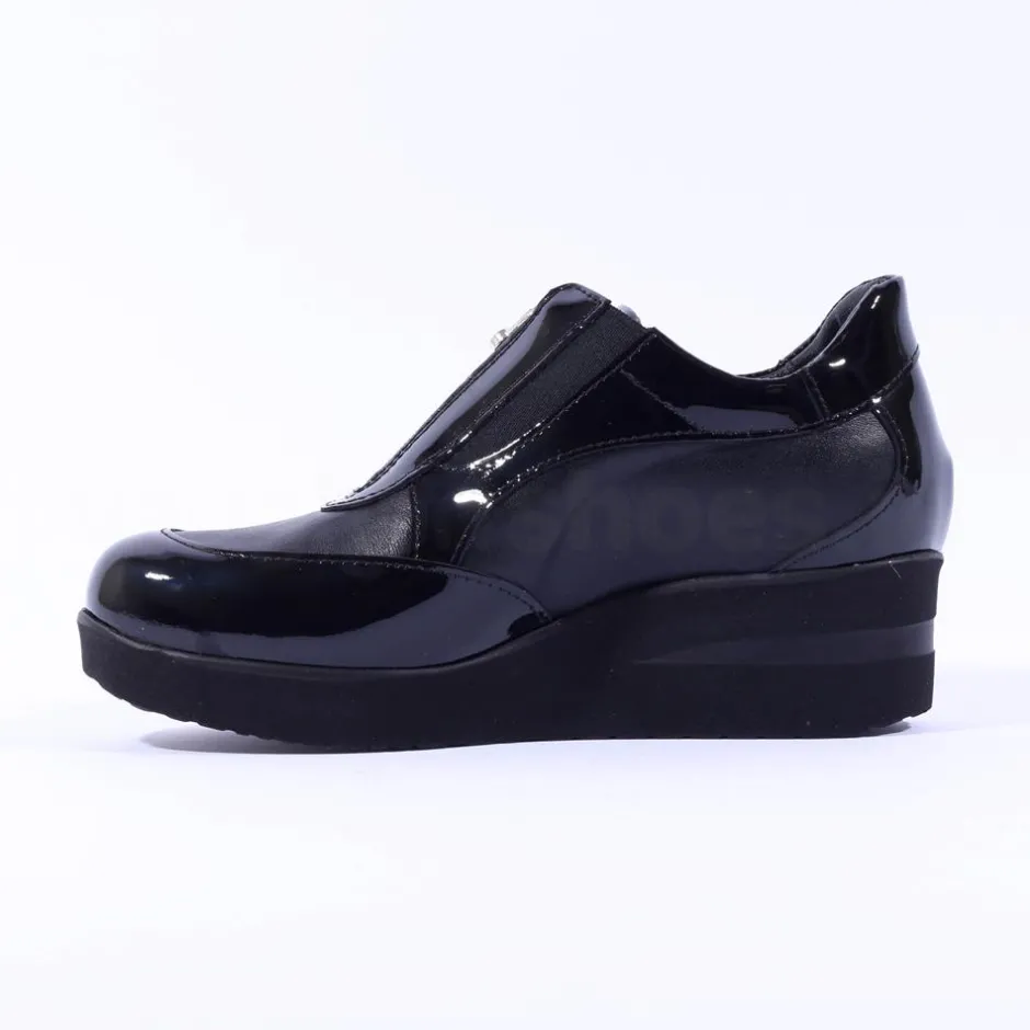 Women Marco Moreo Lola Classic Front Zip Wedge - Black Patent
