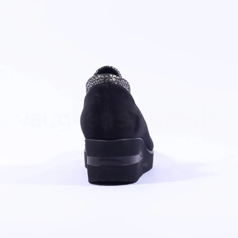 Women Marco Moreo Lola Slip On Classic Wedge - Black Suede Silver
