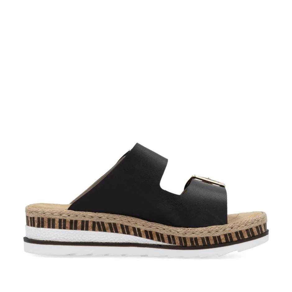 Women Rieker Low Wedge Twin Buckle Mule - Black Leather