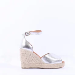 Women Wonders Manly Espadrille Peeptoe Wedge - Silver Metallic