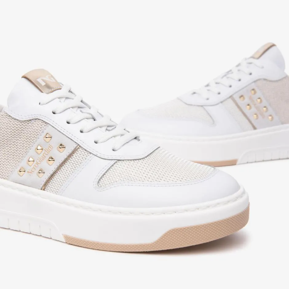 Women NeroGiardini Mesh Platform Laced Trainer - White Gold