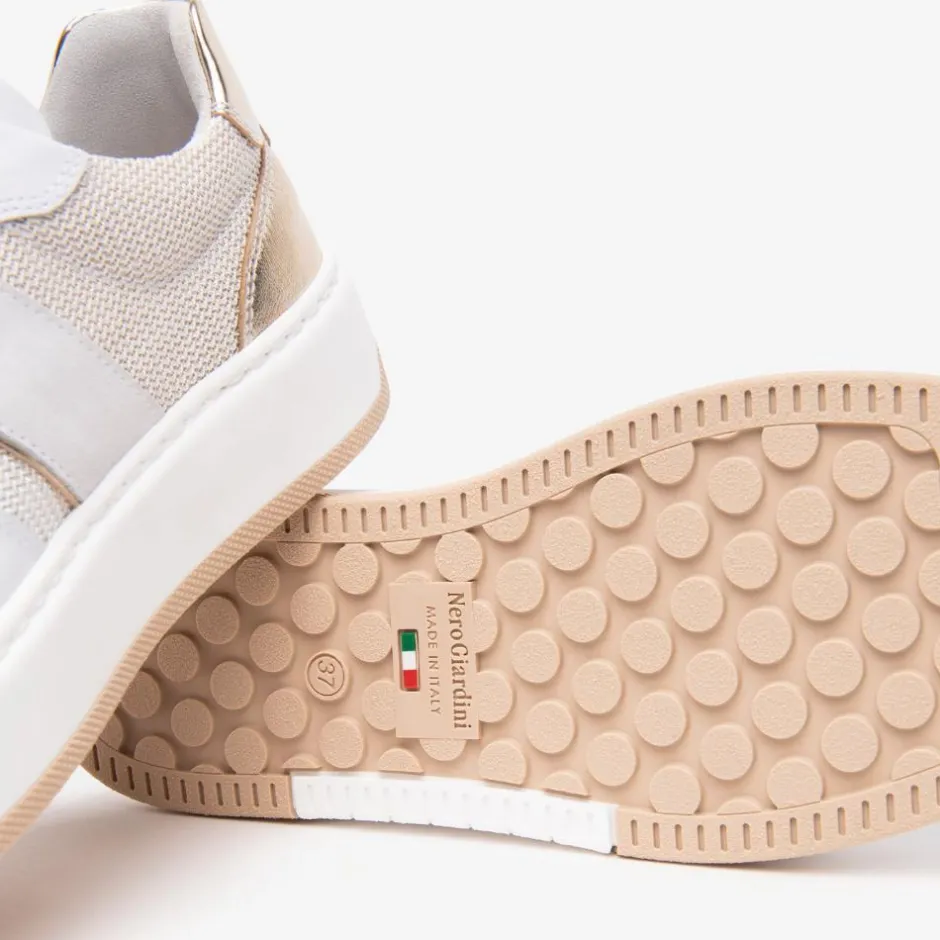 Women NeroGiardini Mesh Platform Laced Trainer - White Gold