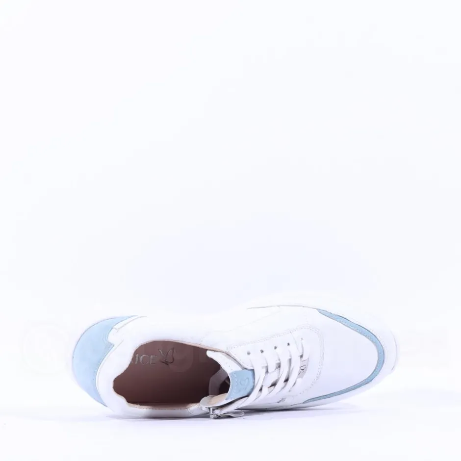 Women Caprice Peggy Side Zip Comfort Trainer - White Light Blue Leather