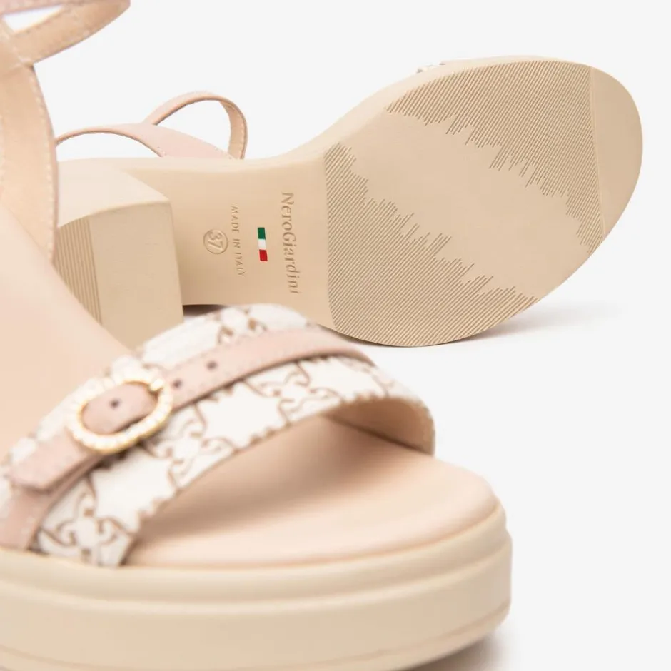 Women NeroGiardini Platform Block Heel Sandal - Nude Combi