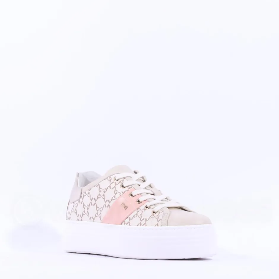 Women NeroGiardini Platform Lace Print Trainer - Nude Pink