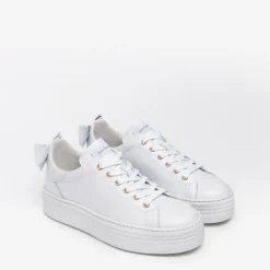 Women NeroGiardini Platform Laced Bow Trainer - White Gold Leather