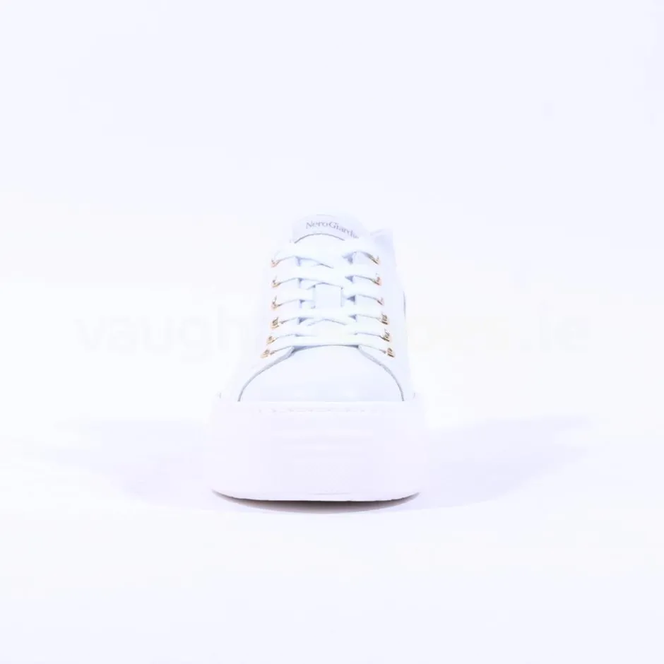 Women NeroGiardini Platform Laced Bow Trainer - White Gold Leather