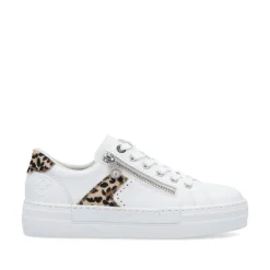 Women Rieker Platform Laced Trainer - White Leopard Combi