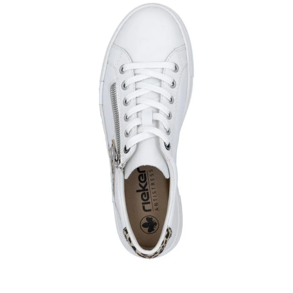 Women Rieker Platform Laced Trainer - White Leopard Combi