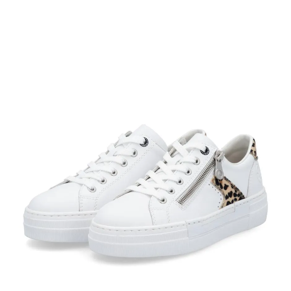 Women Rieker Platform Laced Trainer - White Leopard Combi