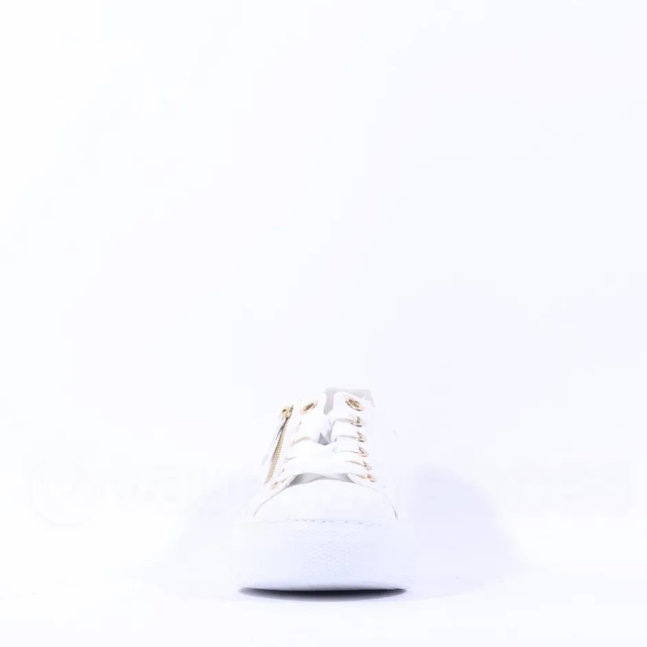 Women Gabor Platform Trainer Side Zip Campus - White Gold Leather