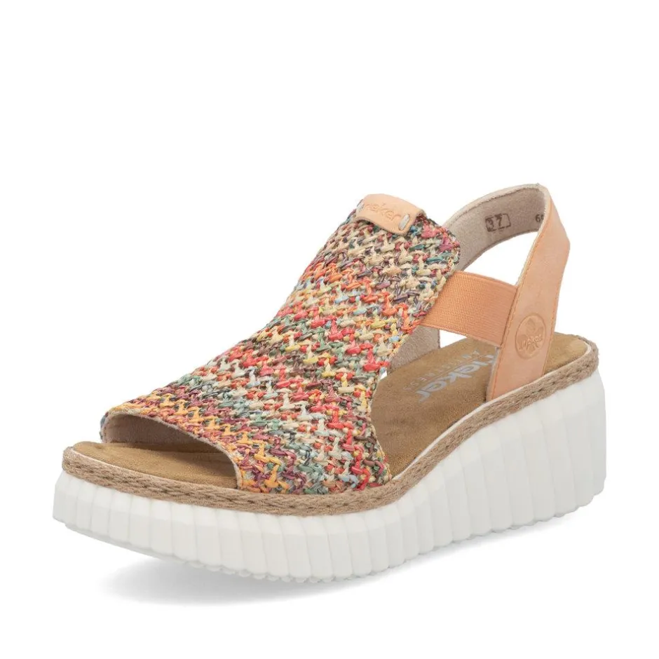 Women Rieker Platform Wedge Knitted Sandal - Peach Combi