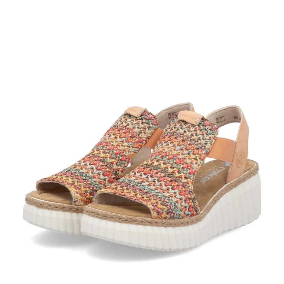 Women Rieker Platform Wedge Knitted Sandal - Peach Combi