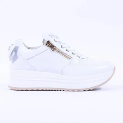 Women NeroGiardini Platform Zip Bow Trainer - White Gold Leather