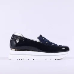Women Marco Moreo Pompei Stud Platform Slip On - Navy Patent