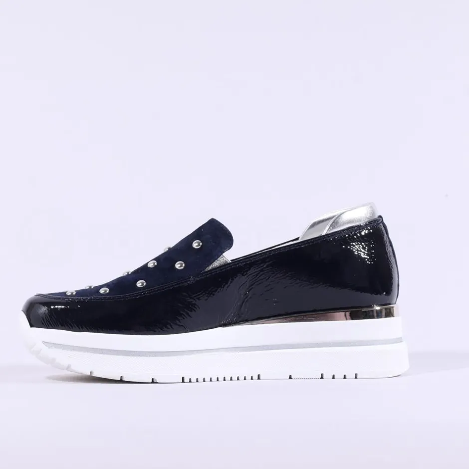 Women Marco Moreo Pompei Stud Platform Slip On - Navy Patent