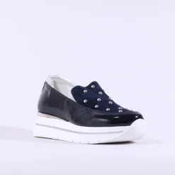 Women Marco Moreo Pompei Stud Platform Slip On - Navy Patent