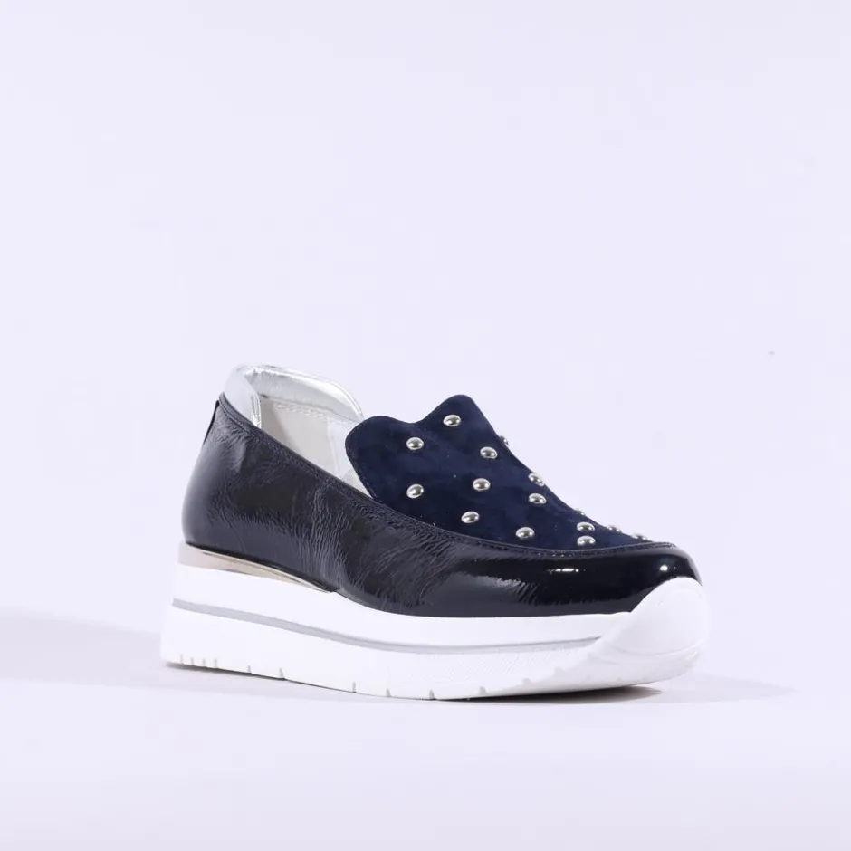 Women Marco Moreo Pompei Stud Platform Slip On - Navy Patent
