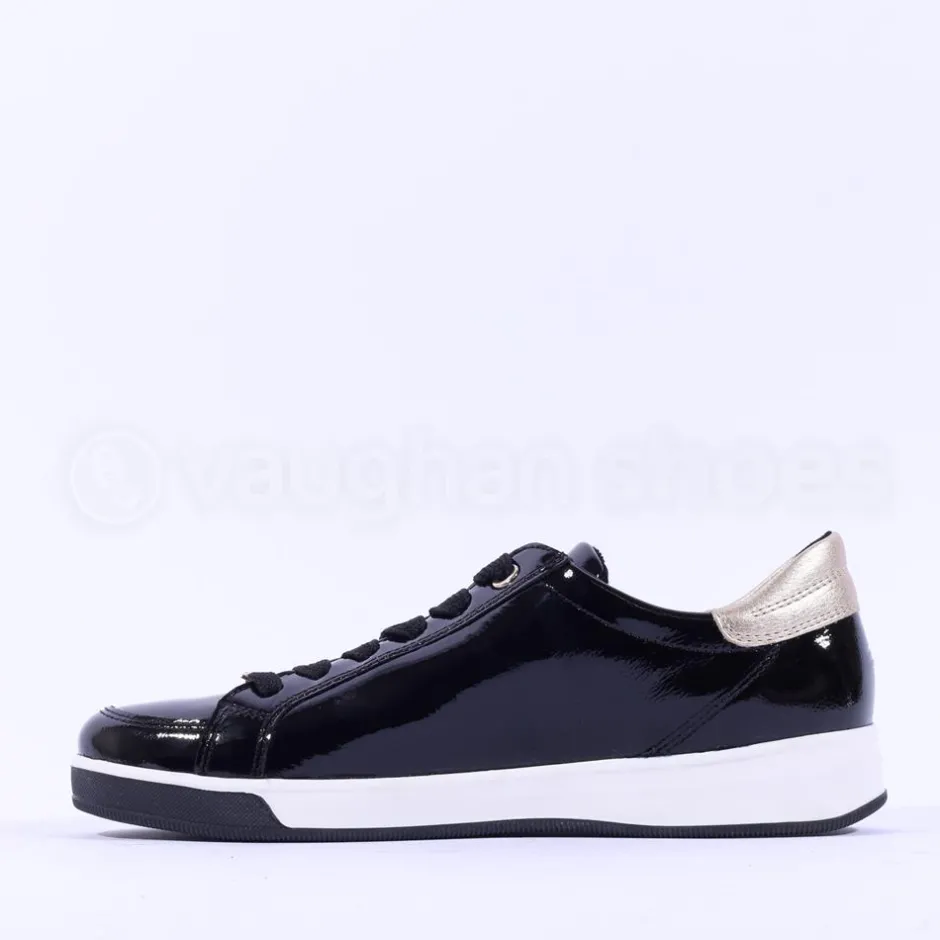 Women Ara Rom Side Zip Lace Trainer - Black Patent