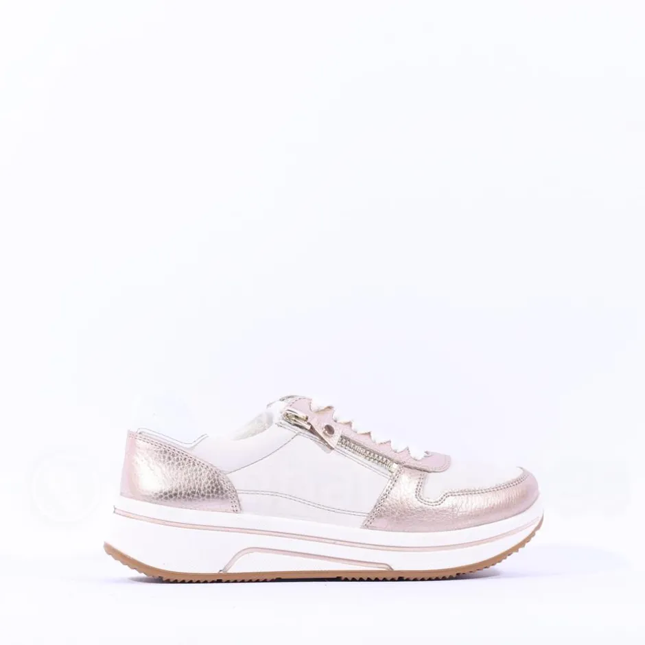 Women Ara Sapporo Side Zip Platform Trainer - White Gold Leather