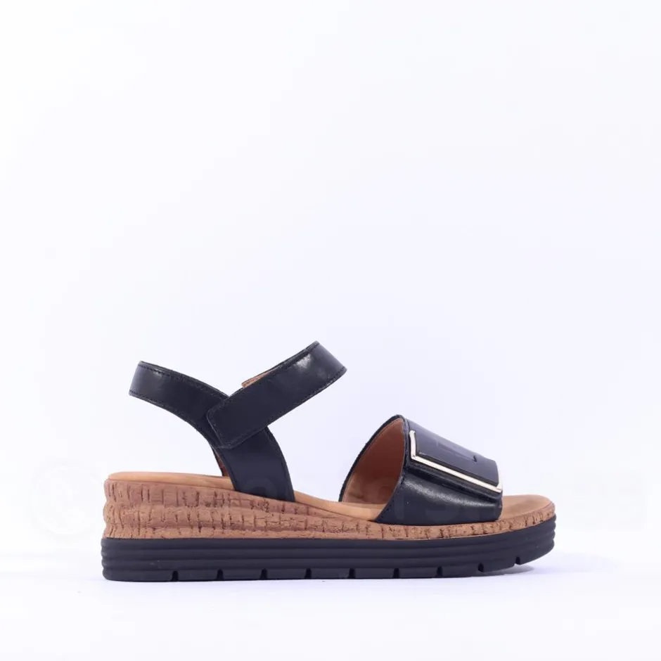 Women Gabor Shout Velcro Strap Wedge Sandal - Black Leather