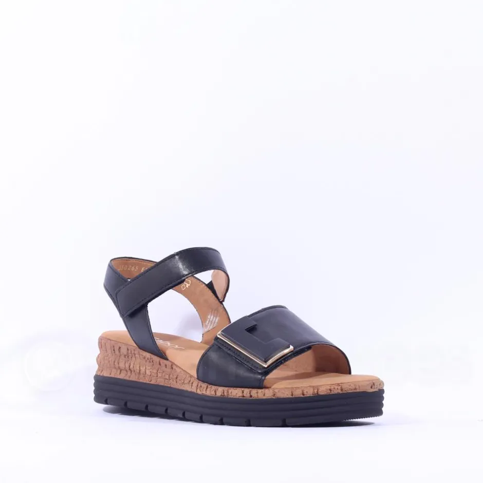 Women Gabor Shout Velcro Strap Wedge Sandal - Black Leather
