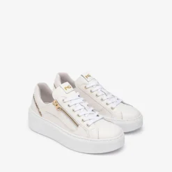 Women NeroGiardini Side Zip Glitter Trainer - White Gold Leather