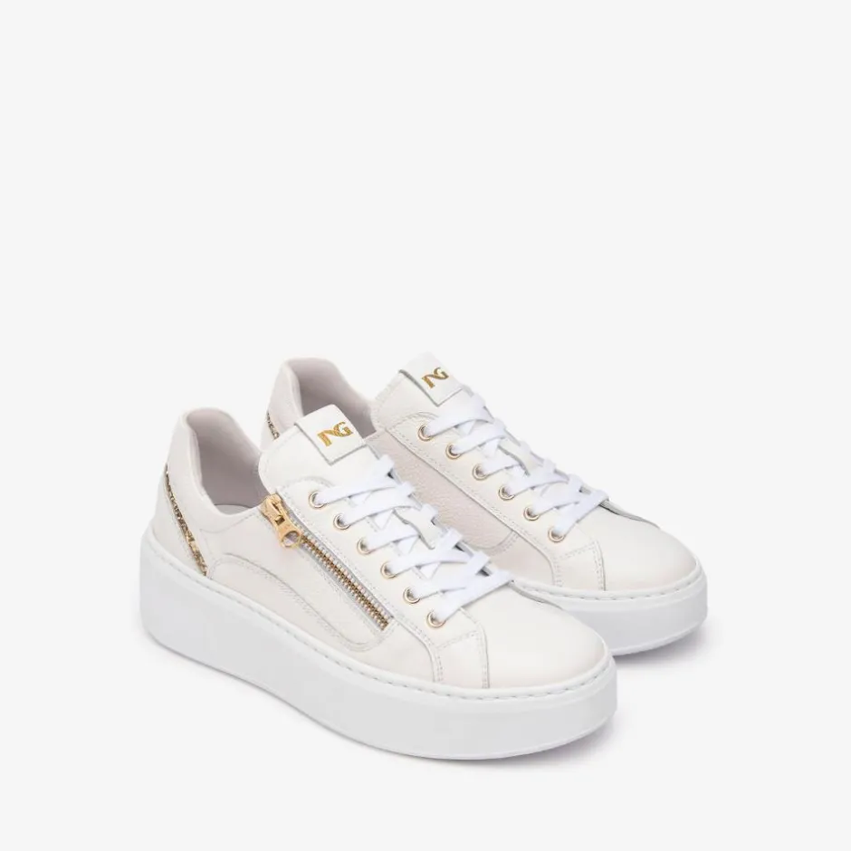 Women NeroGiardini Side Zip Glitter Trainer - White Gold Leather