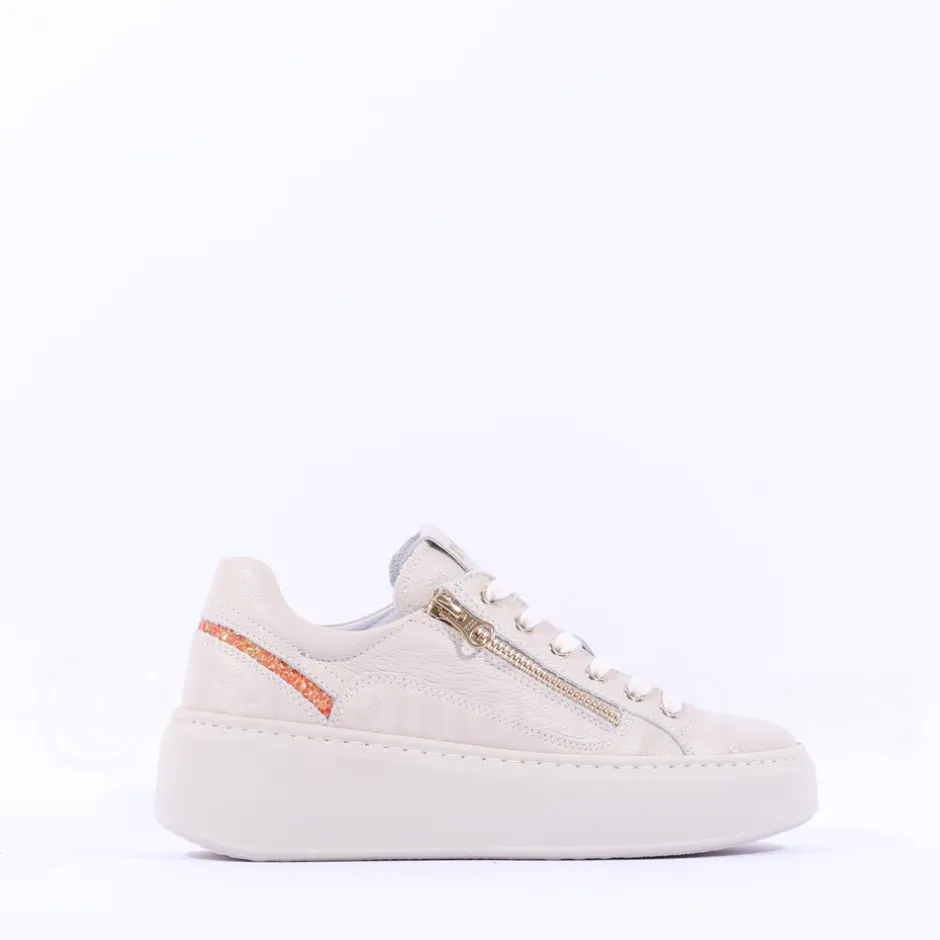 Women NeroGiardini Side Zip Glitter Trainer - Cream Orange