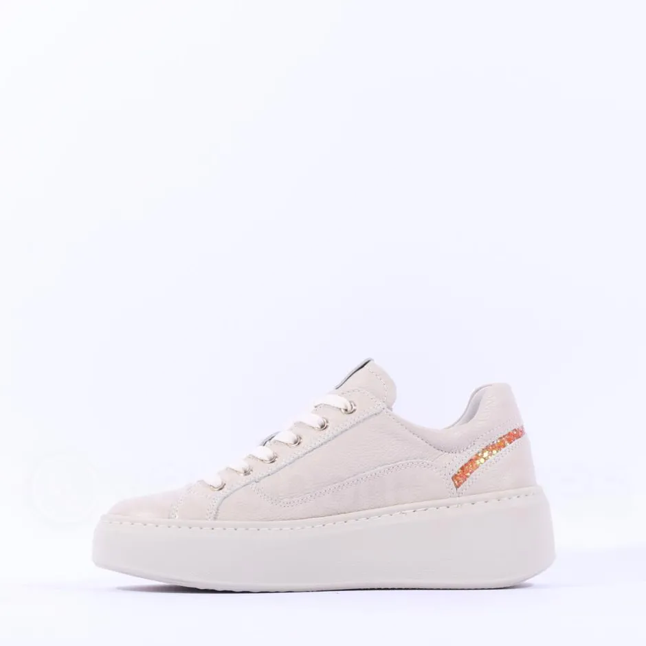 Women NeroGiardini Side Zip Glitter Trainer - Cream Orange